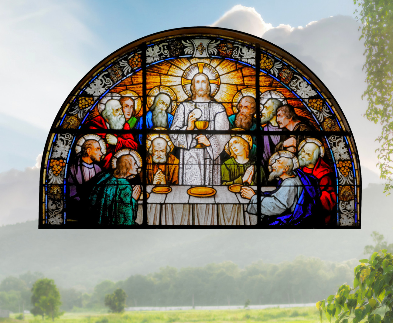 Jesus, The Last Supper Faux Stained-Glass WINDOW CLING Size 10.6" Vinyl Arch