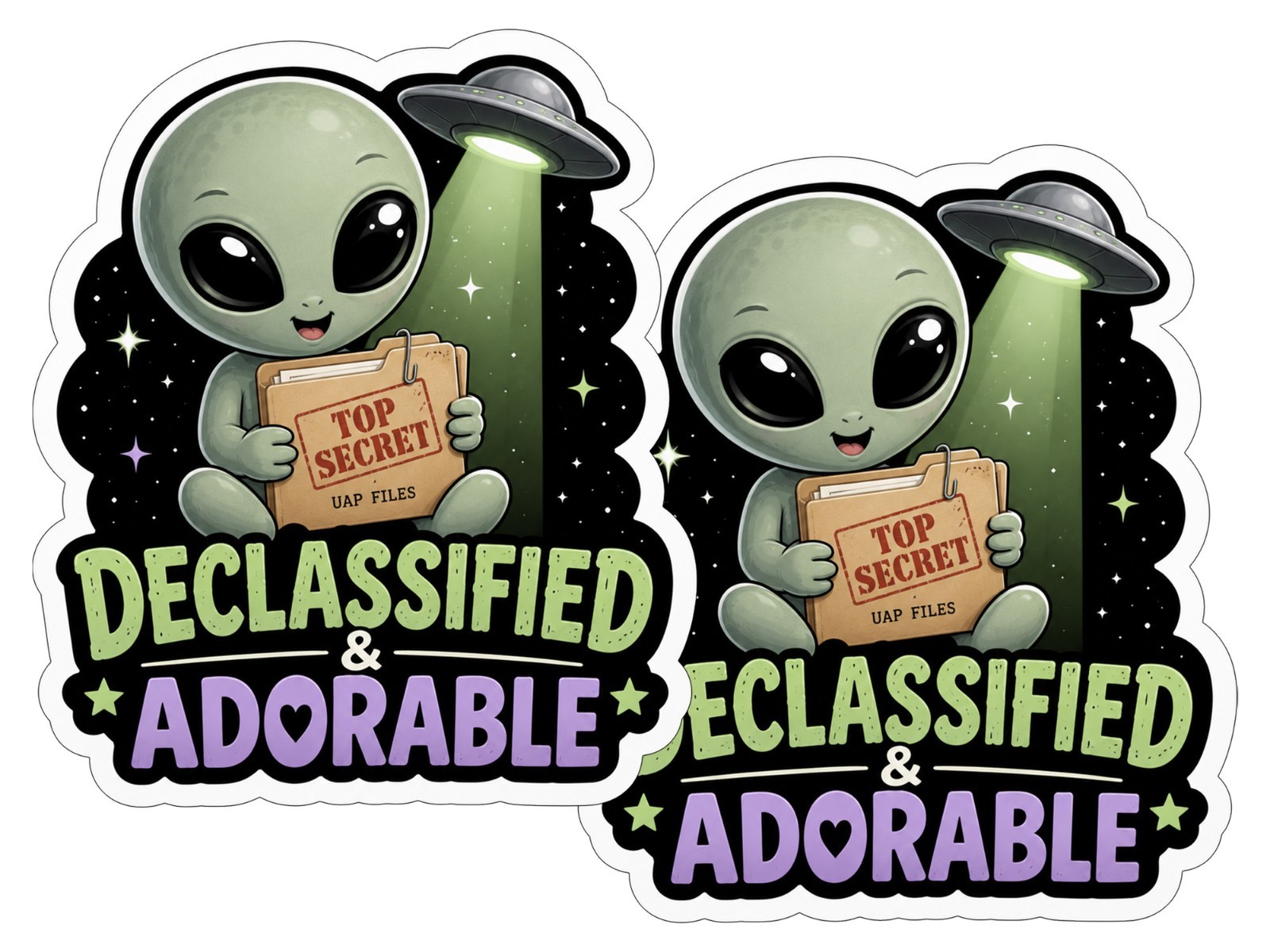 Alien Vinyl Decal Sticker UFO Space Sci Fi Laptop Window Binder Cute Set of 2