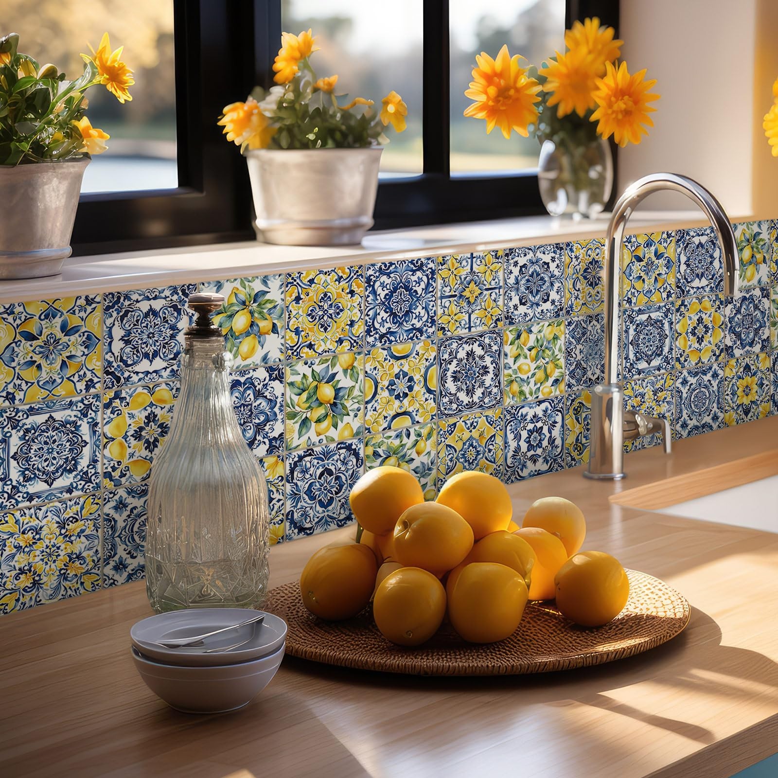 24 Pcs Lemon Tile Stickers 4×4 Inch Watercolor Mediterranean Lemon Summer Pee…