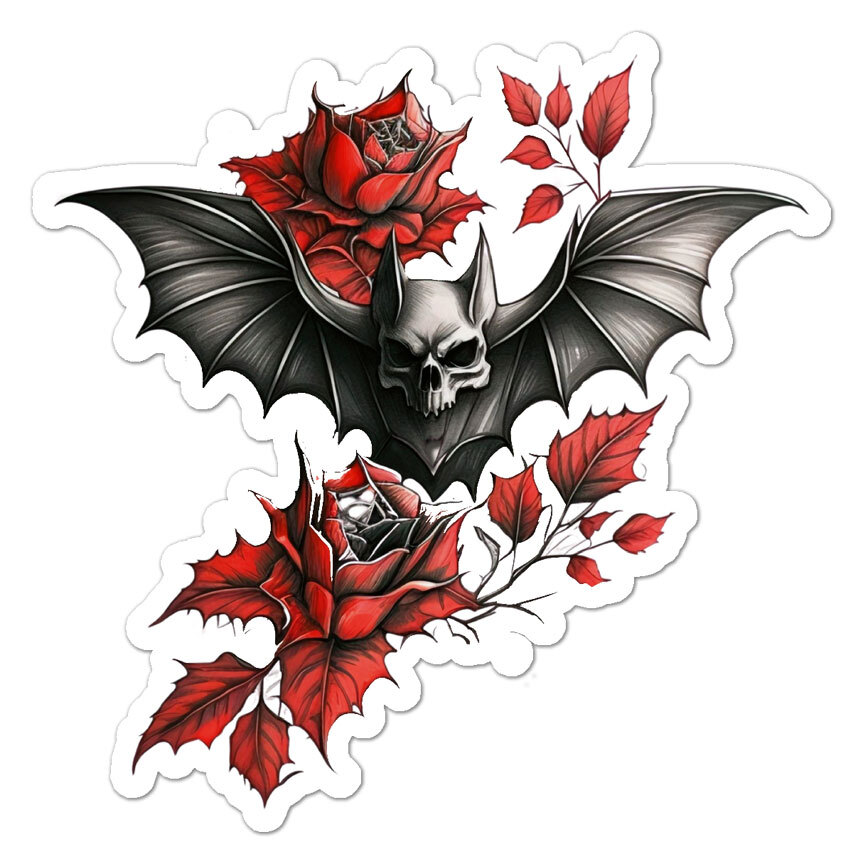 Flying Bat Red Roses, Vinyl Decal Sticker, Indoor Outdoor, 3 Sizes, #9995
