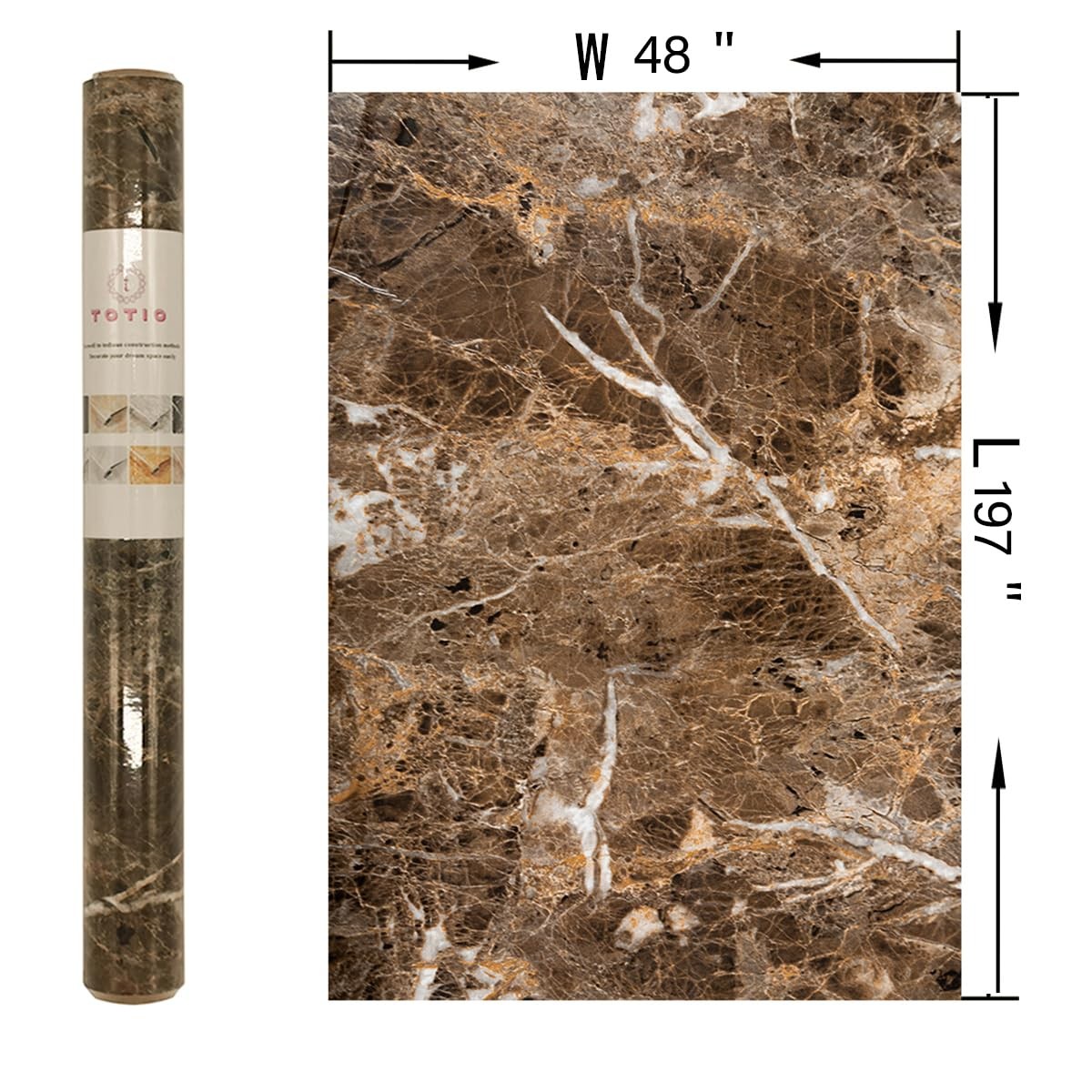 48x197inch Extra Wide Glossy Brown Marble Wallpaper Peel Stick Matte Thick Wa…
