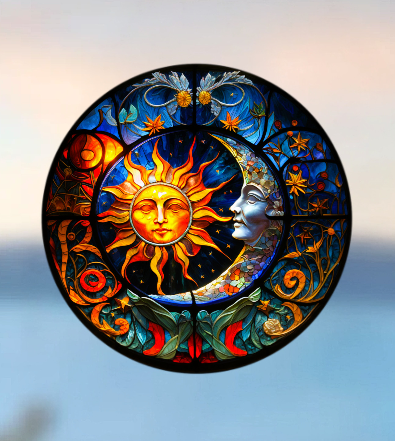 Sun & Moon Faux Stained-Glass WINDOW CLING Size 8" Round Vinyl