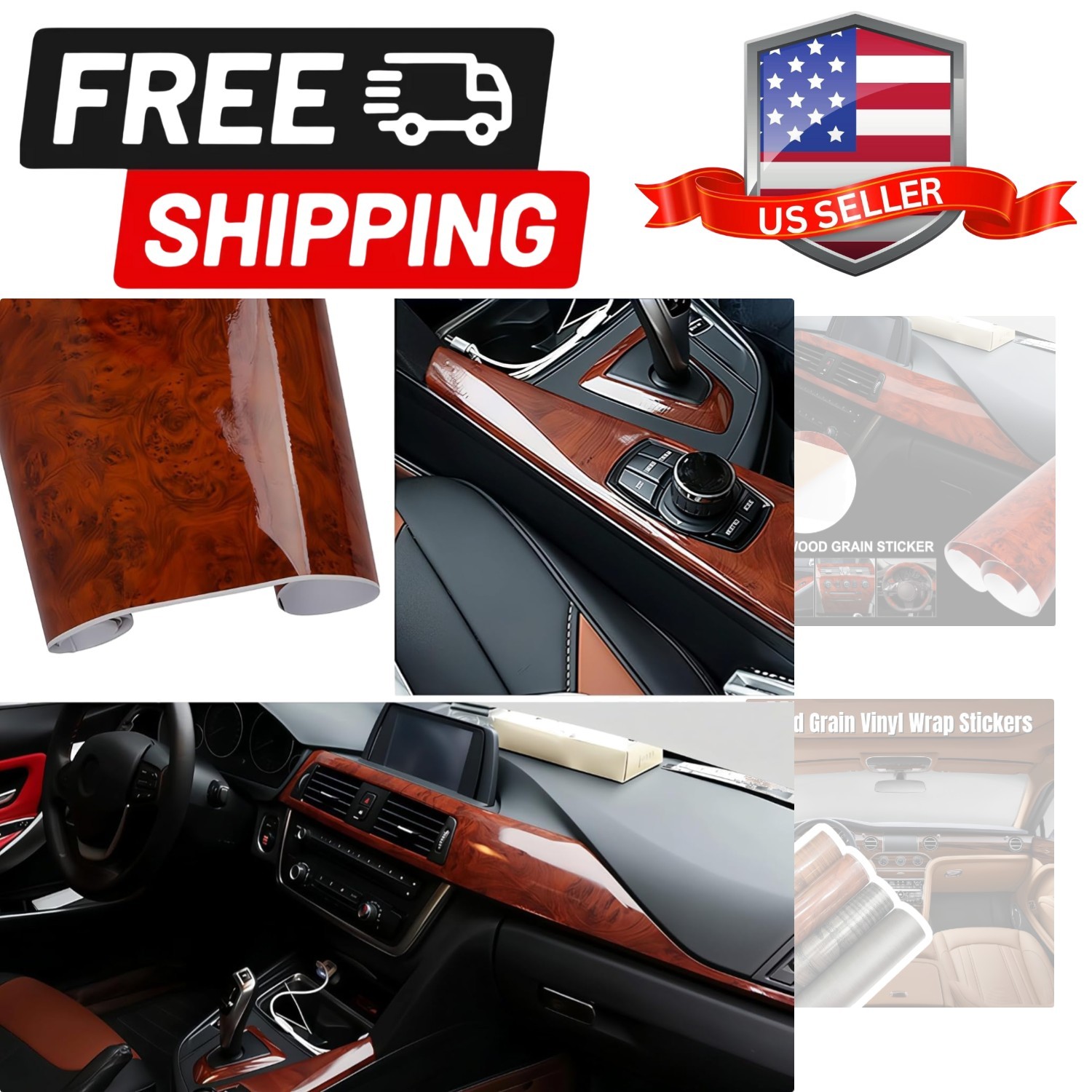 High Glossy Wood Grain Vinyl Wrap Sticker Decal Car Internal Wraps Self Adhes…