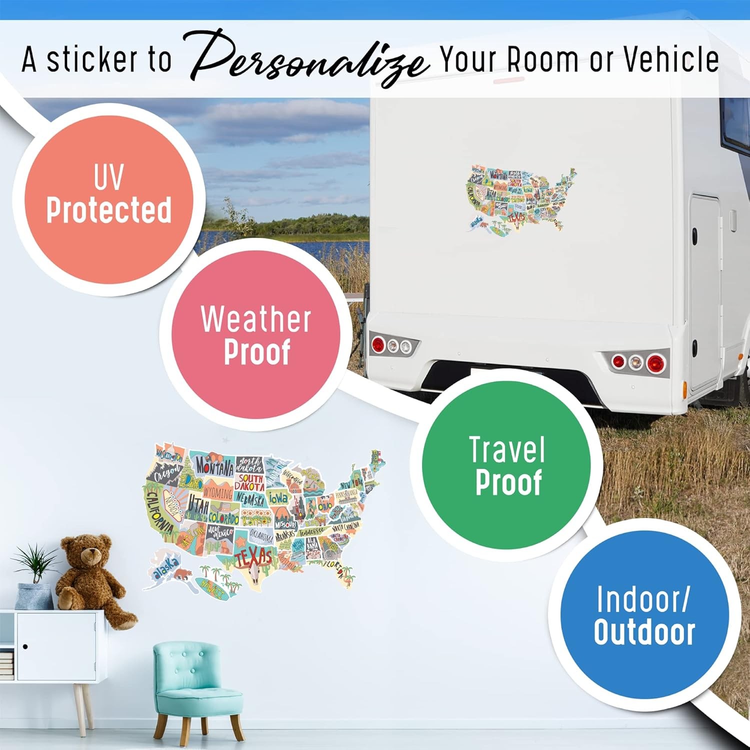 RV State Map Decal 50 US States Vinyl Bumper Sticker for RVs Campers
