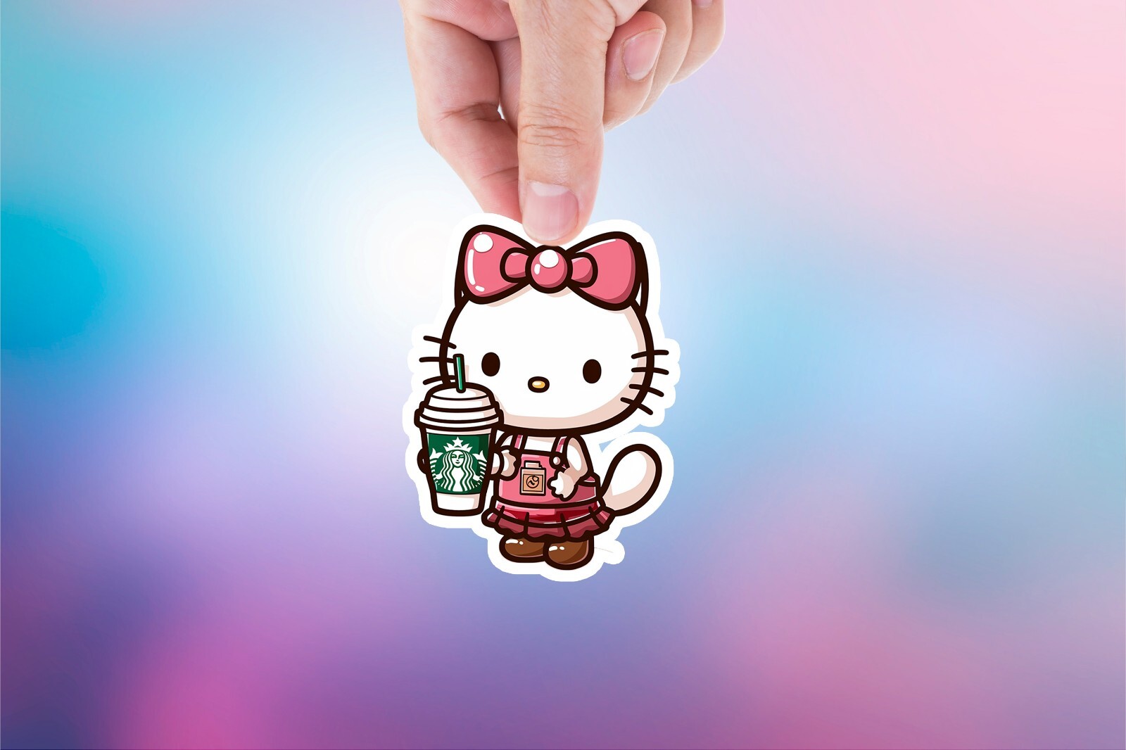Kitty with Starbucks Sticker, Cute, Waterproof, Laptop, Water Bottle, Die Cut