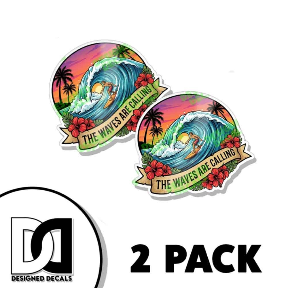 Tropical Surfing Sticker The Waves Are Calling Sunset Decal Sticker 2 PACK