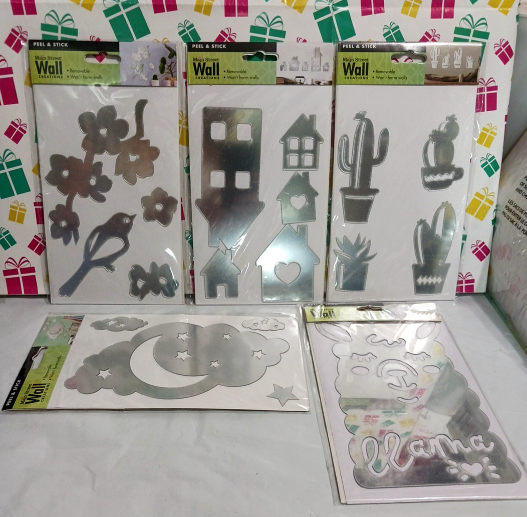 Mirror Stickers peel & stick mirrors. Bird, flowers, house, cactus plants, cloud