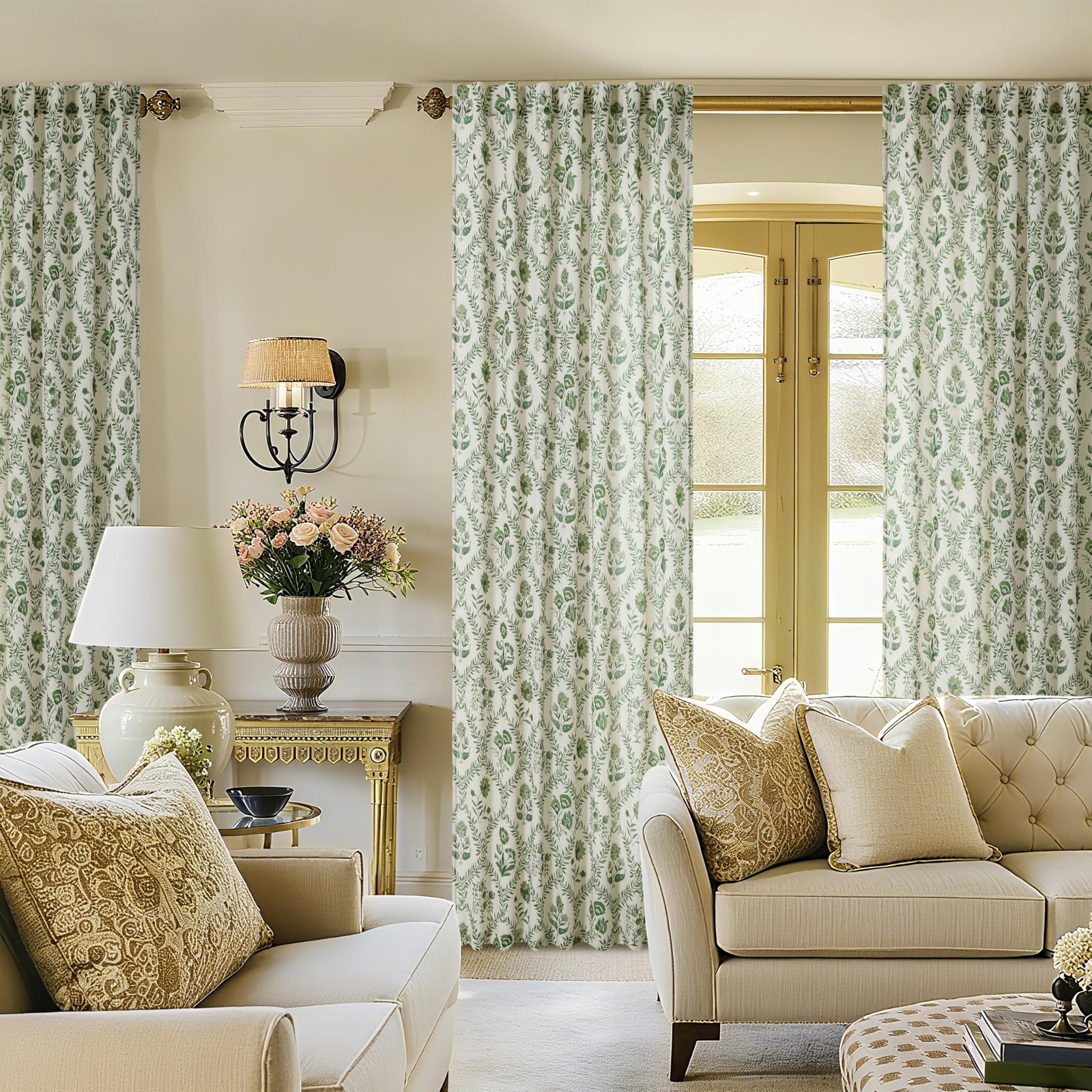 Green Floral Linen Curtains 84 Inch Length for Living Room Bedroom 2 Panels S…