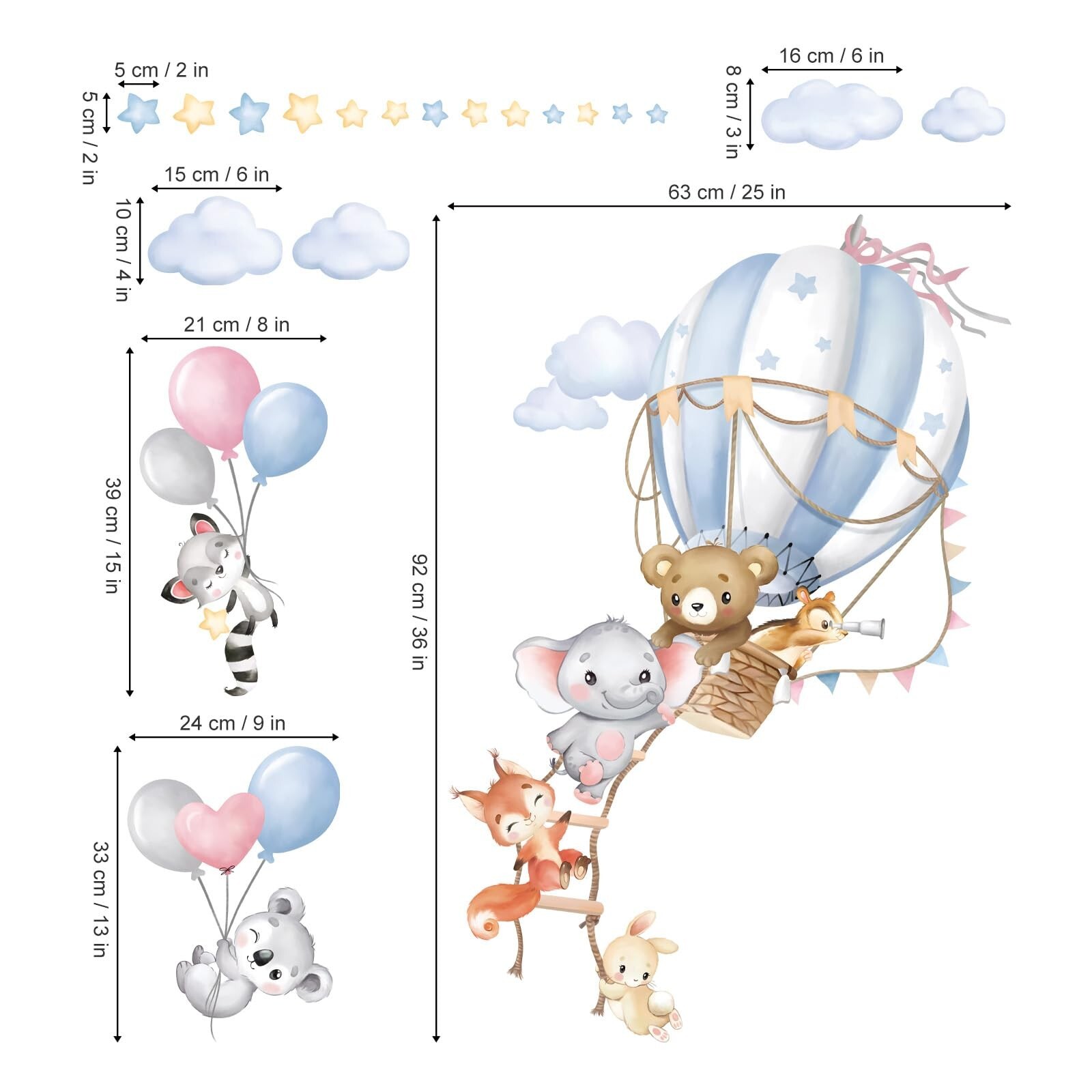 wondever Large Hot Air Balloon Animals Wall Decals Bear Elephant Fox Peel and…