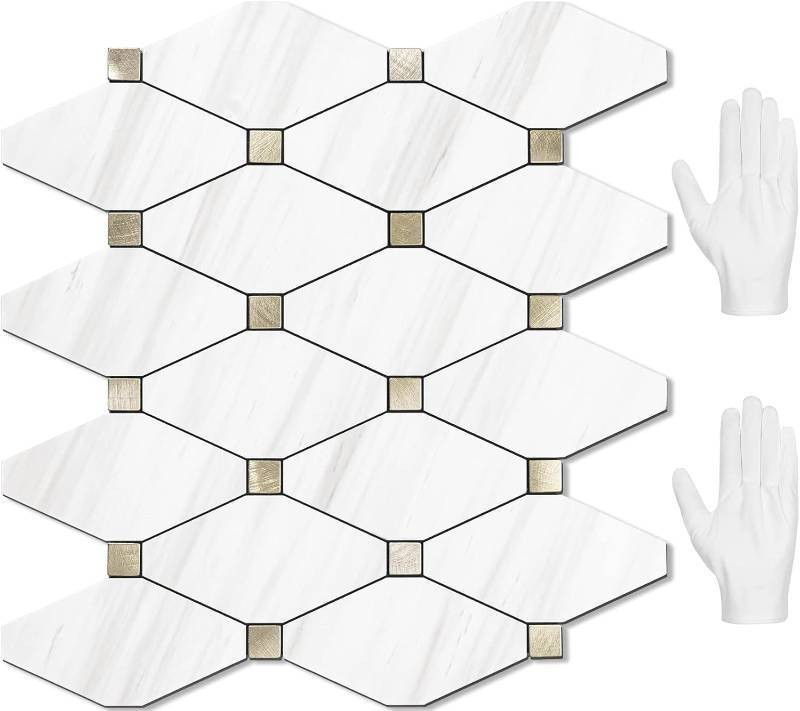 STICKGOO 8 Sheets Peel and Stick Dolomite Mosaic Tile, White Marble/Metal Look