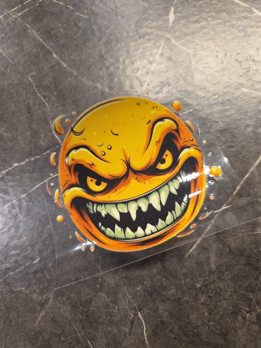 Evil Grin Smiley Face fangs UVDTF Raised Decal Sticker Full Color Waterproof