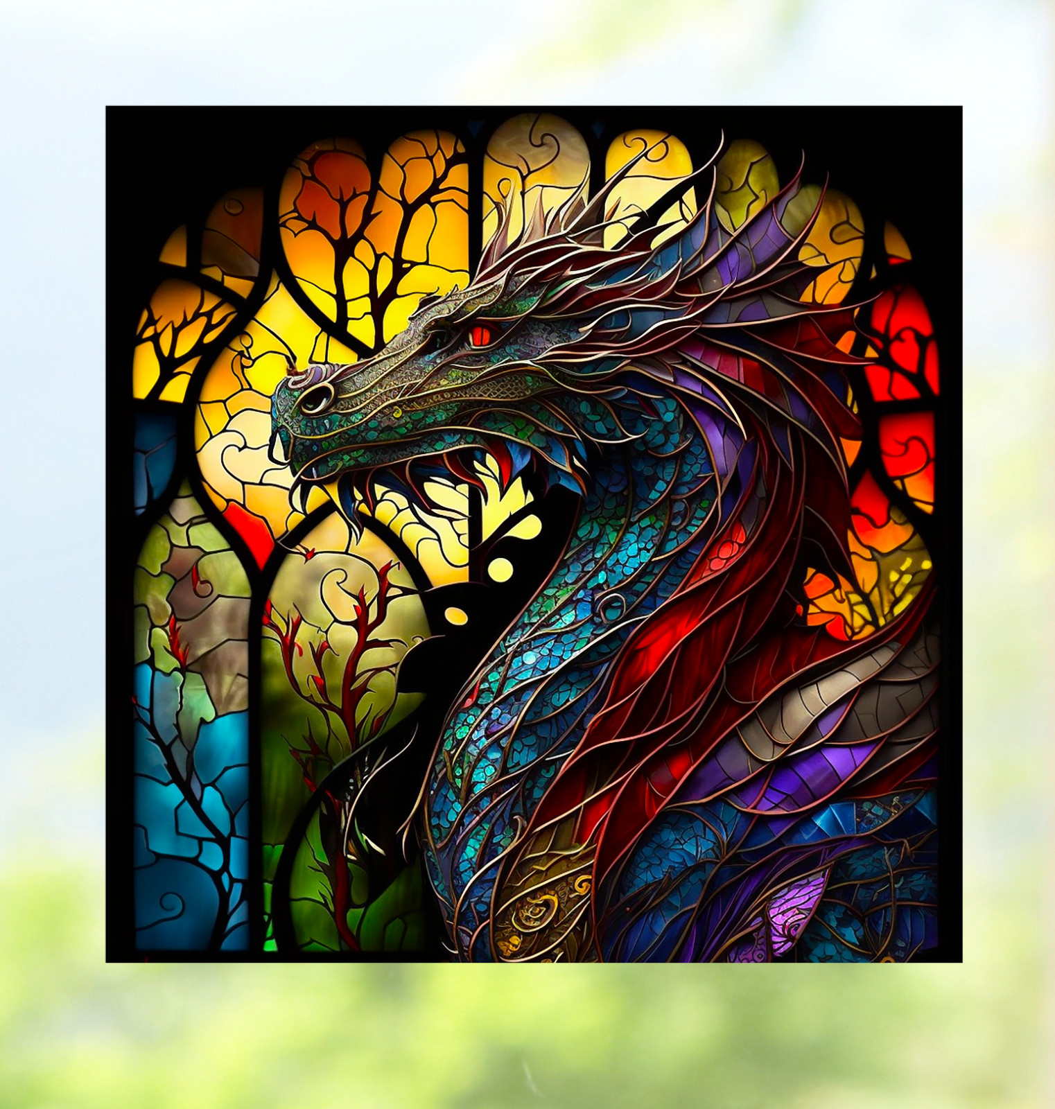 Dragon Faux Stained-Glass WINDOW CLING Size 8" Repositionable Vinyl