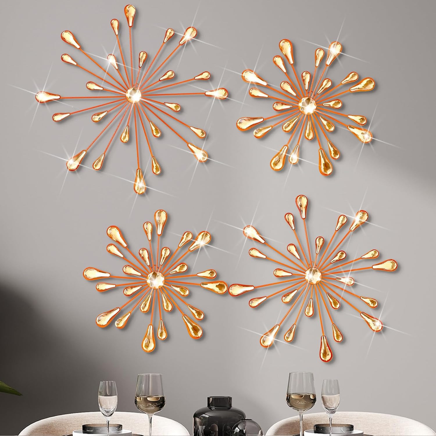 4 Pcs Starburst Wall Decor Bling Wall Art Crystal Teardrop 3D Hanging Rhinestone
