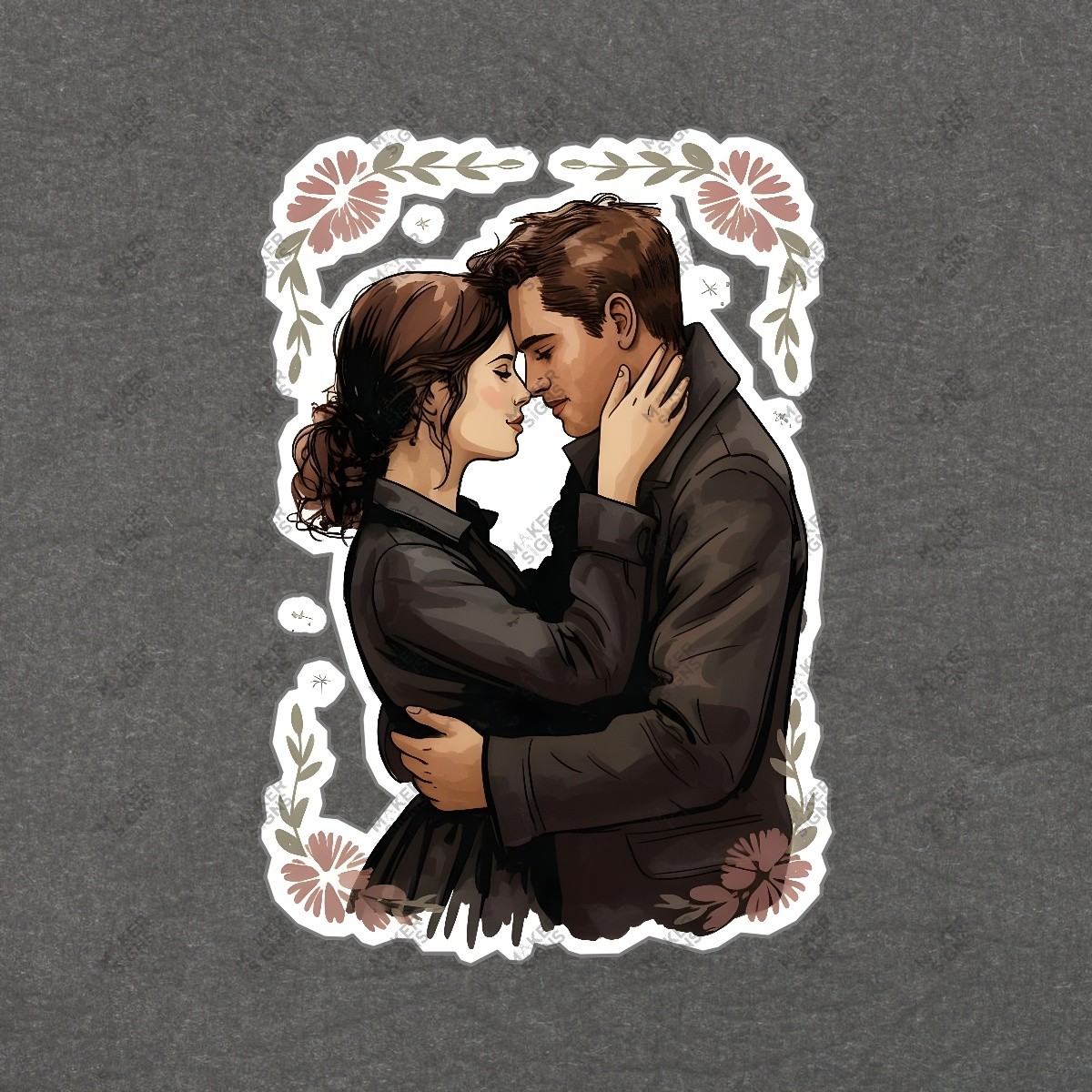 Romantic Couple Embrace Art Print Tender Love Illustration Vintage #7512