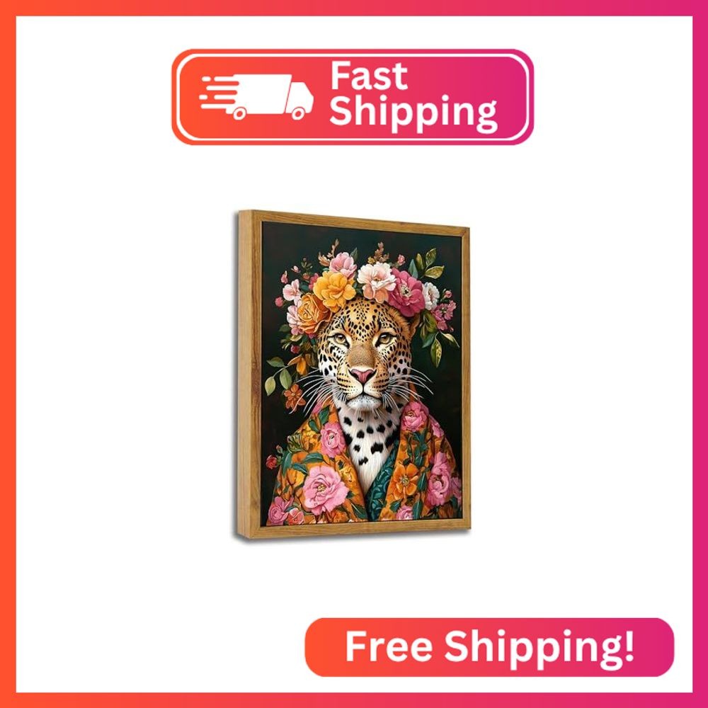 ARTZIO Abstract Cheetah Wall Art, Pink Flower Framed Decor, Vintage Animal Aesth