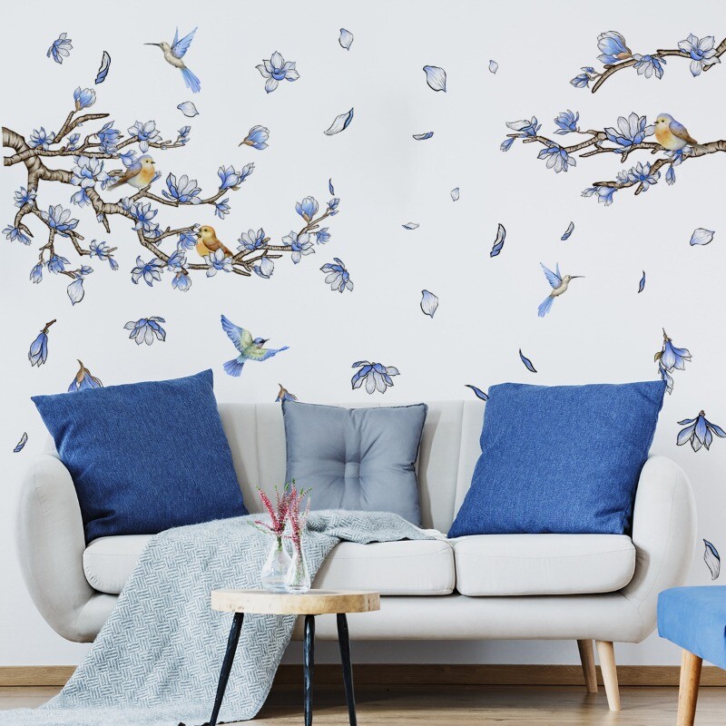 Wall Stickers Clings Decals Bird Tree Floral Home Decor PVC Blue Living Room