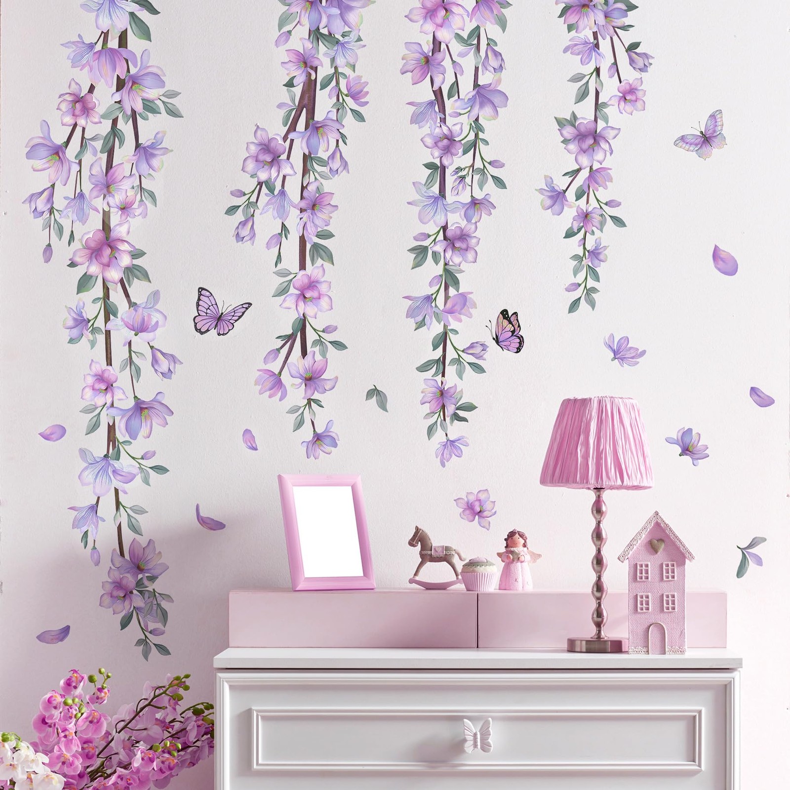 Hanging Creative Removable DIY Purple Flower and Vines Some Flying Butterfly …