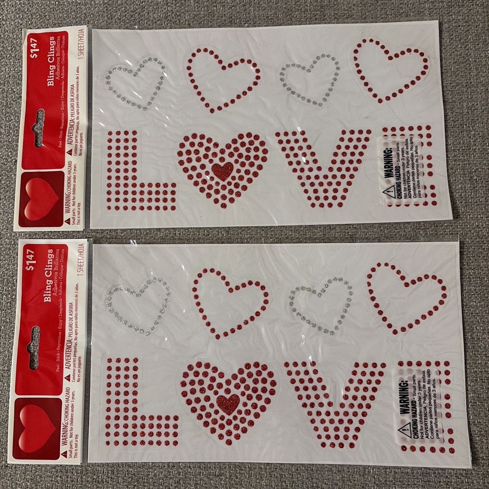 Bling Clings Mylar Glitter Stickers Valentines Hearts Peel Stick Reposition