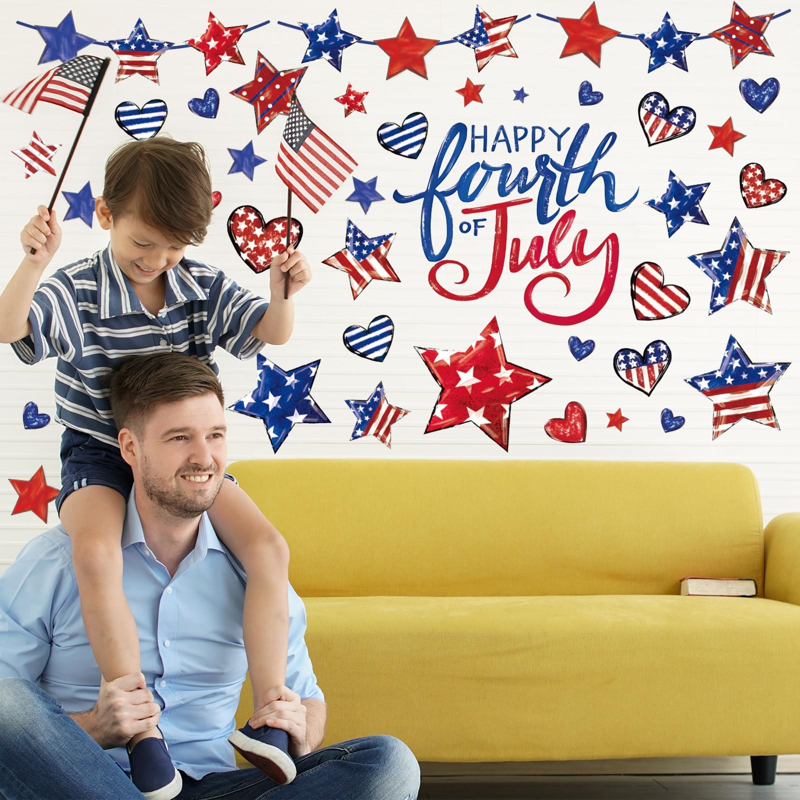9 Sheets Patriotic Wall Stickers Watercolor 4th of July Vintage Red White Blue