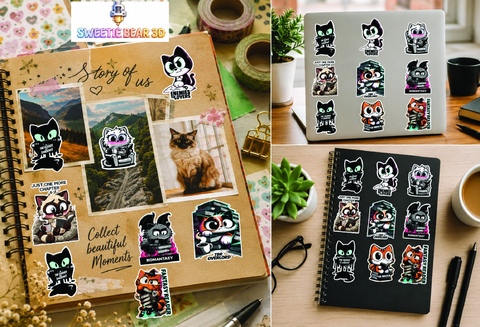 8 Pack Bookish Cat Sticker Sheet – Fantasy Reader / Romantasy / TBR Overlord