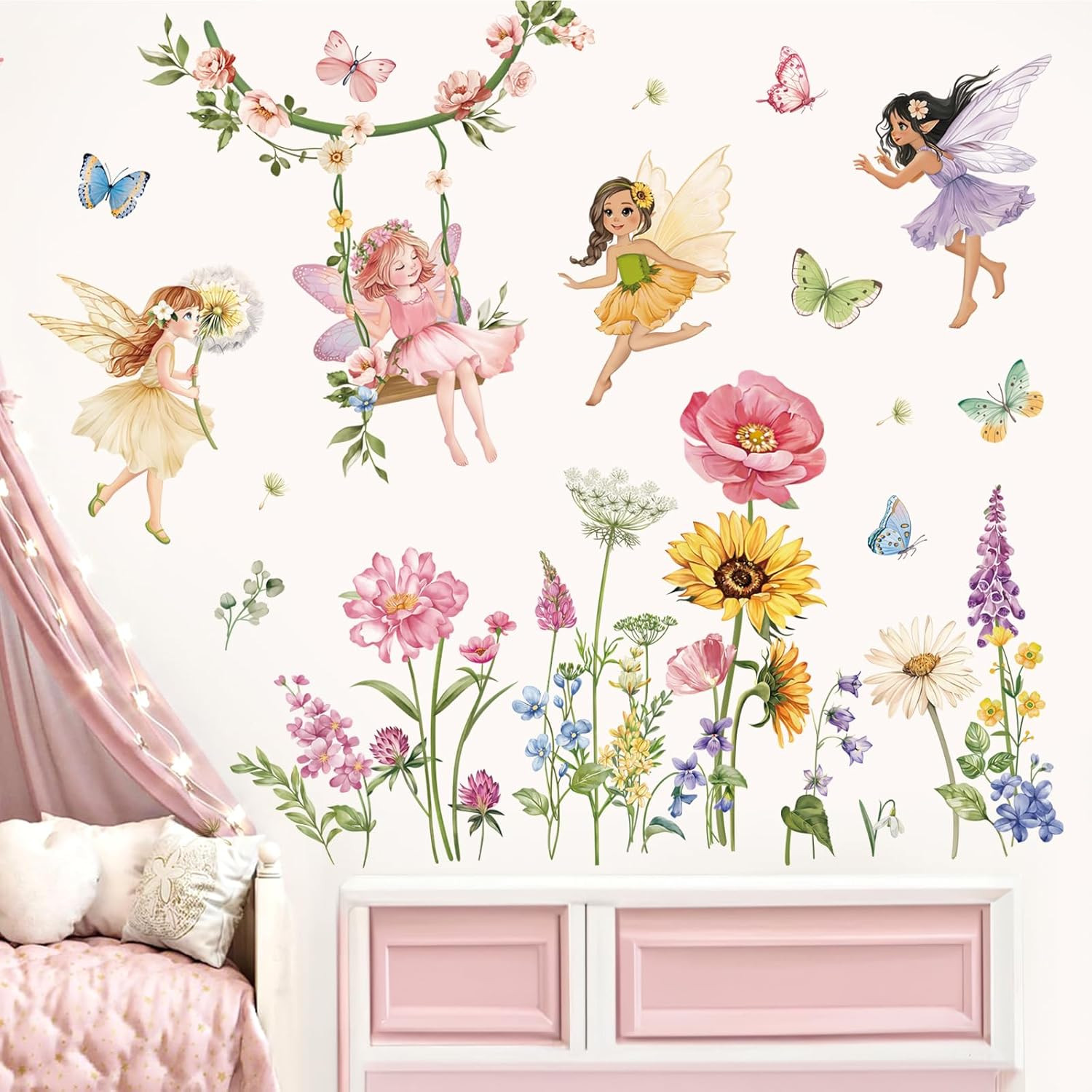 Flower Fairy Wall Decals Butterfly Girl with Wildflower Sunflower Wall Sticke…