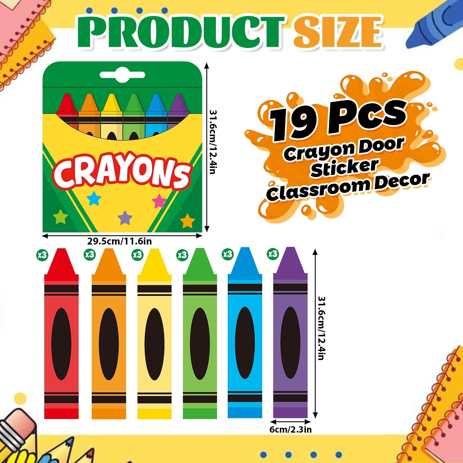 19Pcs Crayon Door Sticker Classroom Door Decoration Back to School Colorful R…