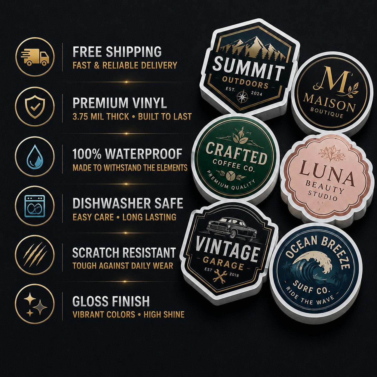 Custom Logo Vinyl Stickers Die Cut Waterproof Gloss Decals Small Business Labels
