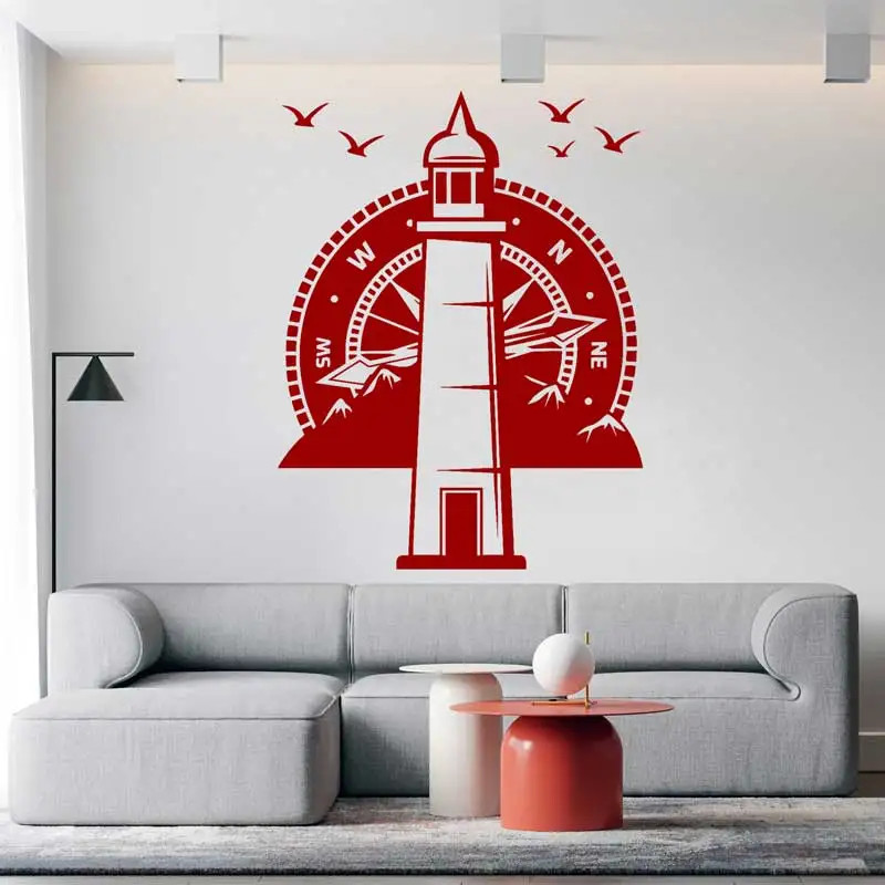 Lighthouse Compass Nautical Travel Wall Decal Beach Style Mountain Bird Compass
