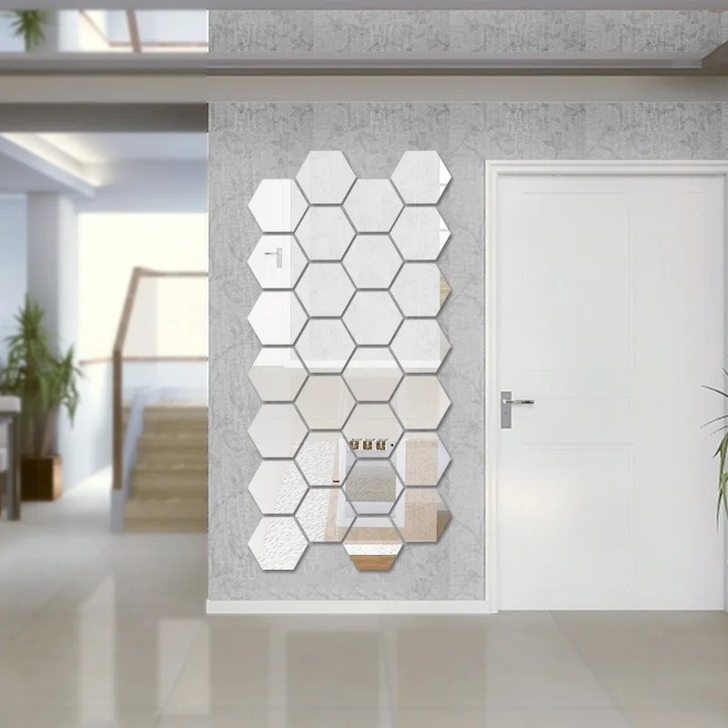 12 Silver 8*7 Hexagon Acrylic Stickers Mirror Wall Decals Dorm Rooms Decorations