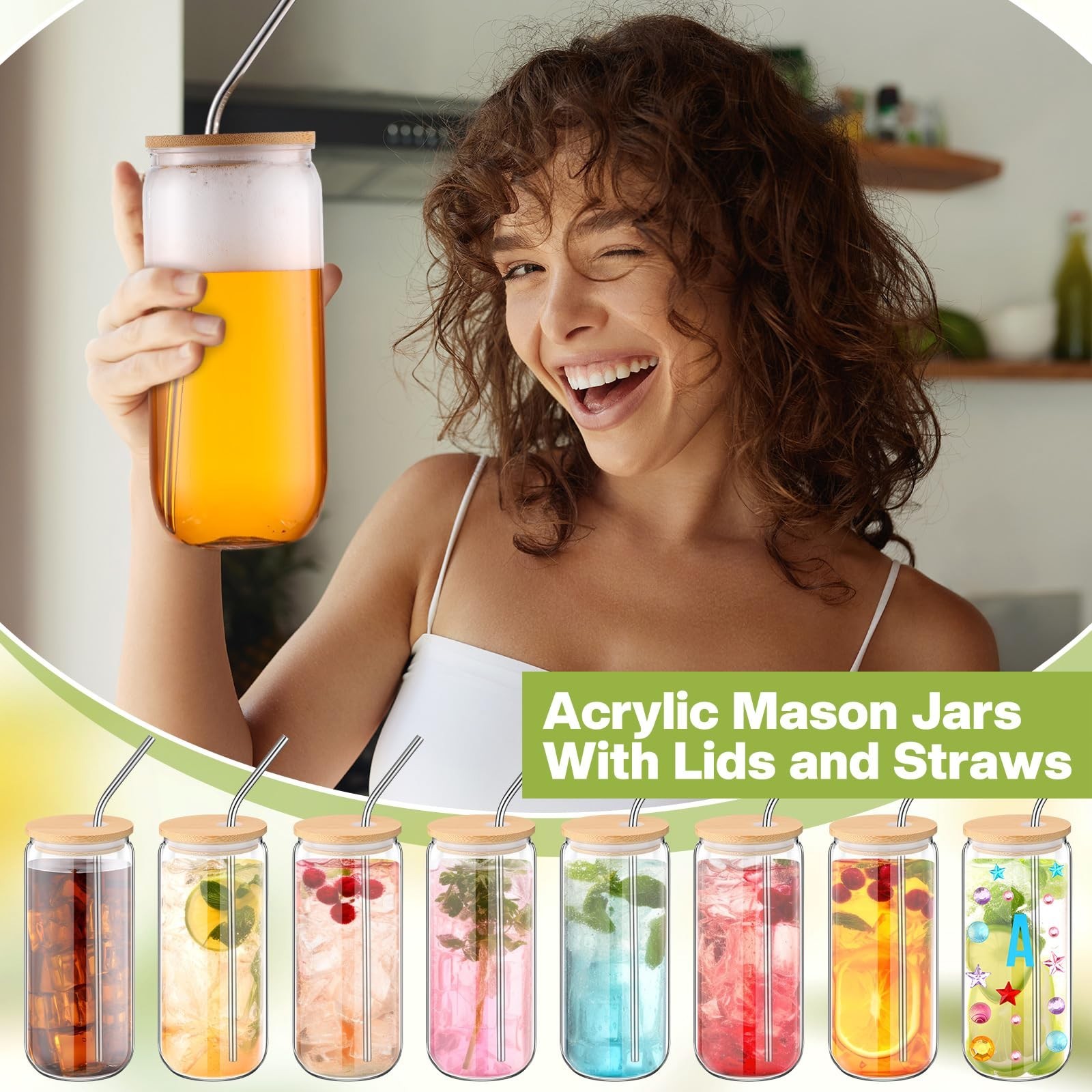 8 Pcs 20 oz Plastic Cups with Lids and Straws Acrylic Mason Jars with Bamboo …