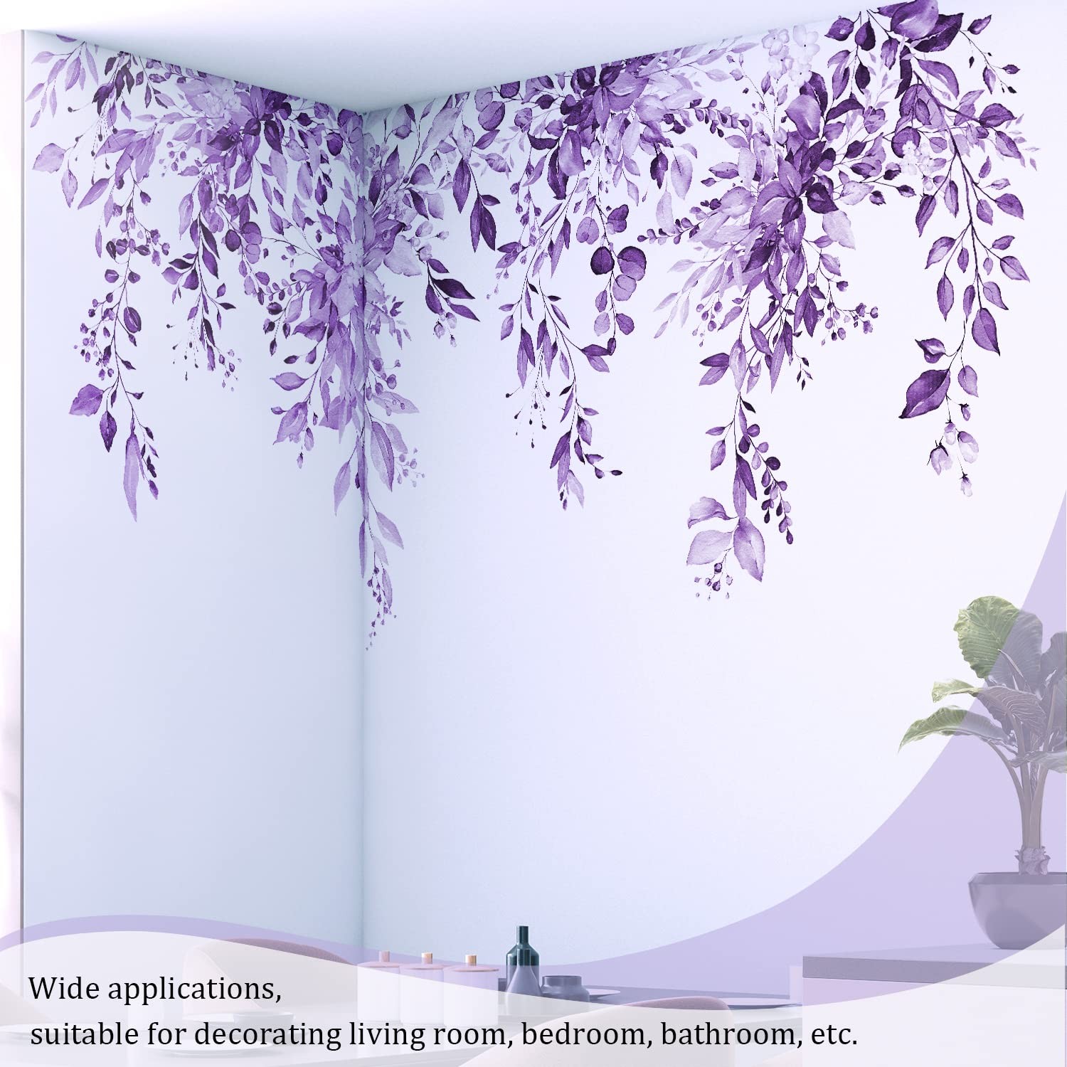 Purple Plants Leaves Wall Decals Peel and Stick, Large Floral Flowers Wall St…
