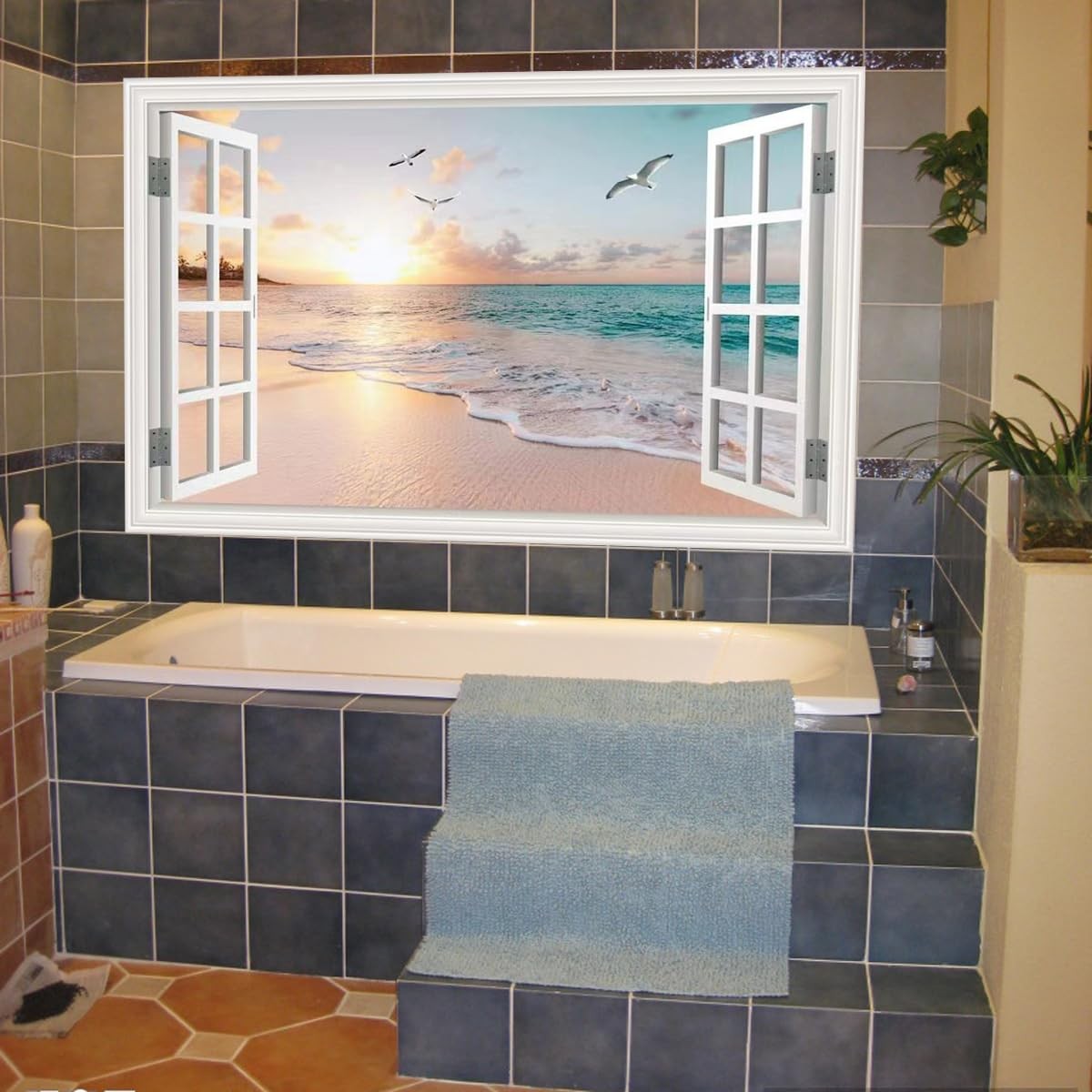 Fake Window Wall Decal Summer Beach Seascape Faux Window Sticker Office Poste…