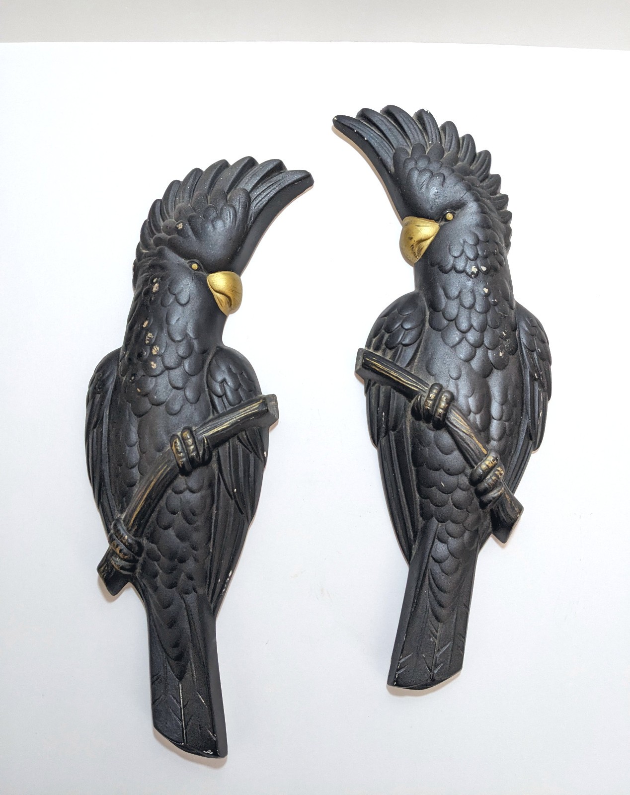 Vtg 1957 Miller Studio Chalkware Cockatoo Wall Plaques Pair Black Gold MCM Birds