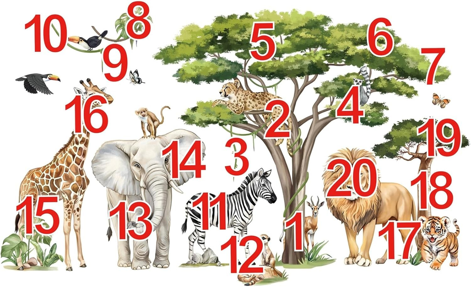 Large Safari Animals Tree Wall Stickers Jungle Animals Giraffe Elephant Lion Leo