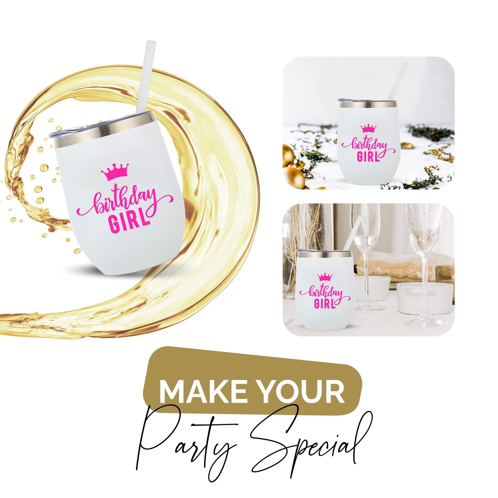 Your Dream Party Shop Birthday Girl Insulated Wine Tumbler, 12oz – White Stai…