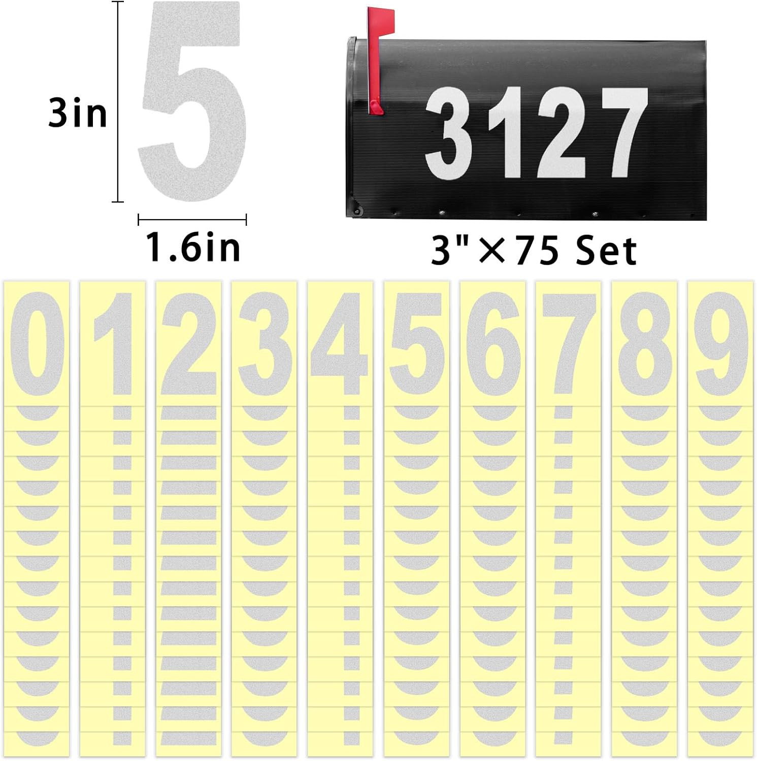3" Reflective Vinyl Mailbox Numbers Sticker 0-9, 5 Sets � Weatherproof Adhesiv