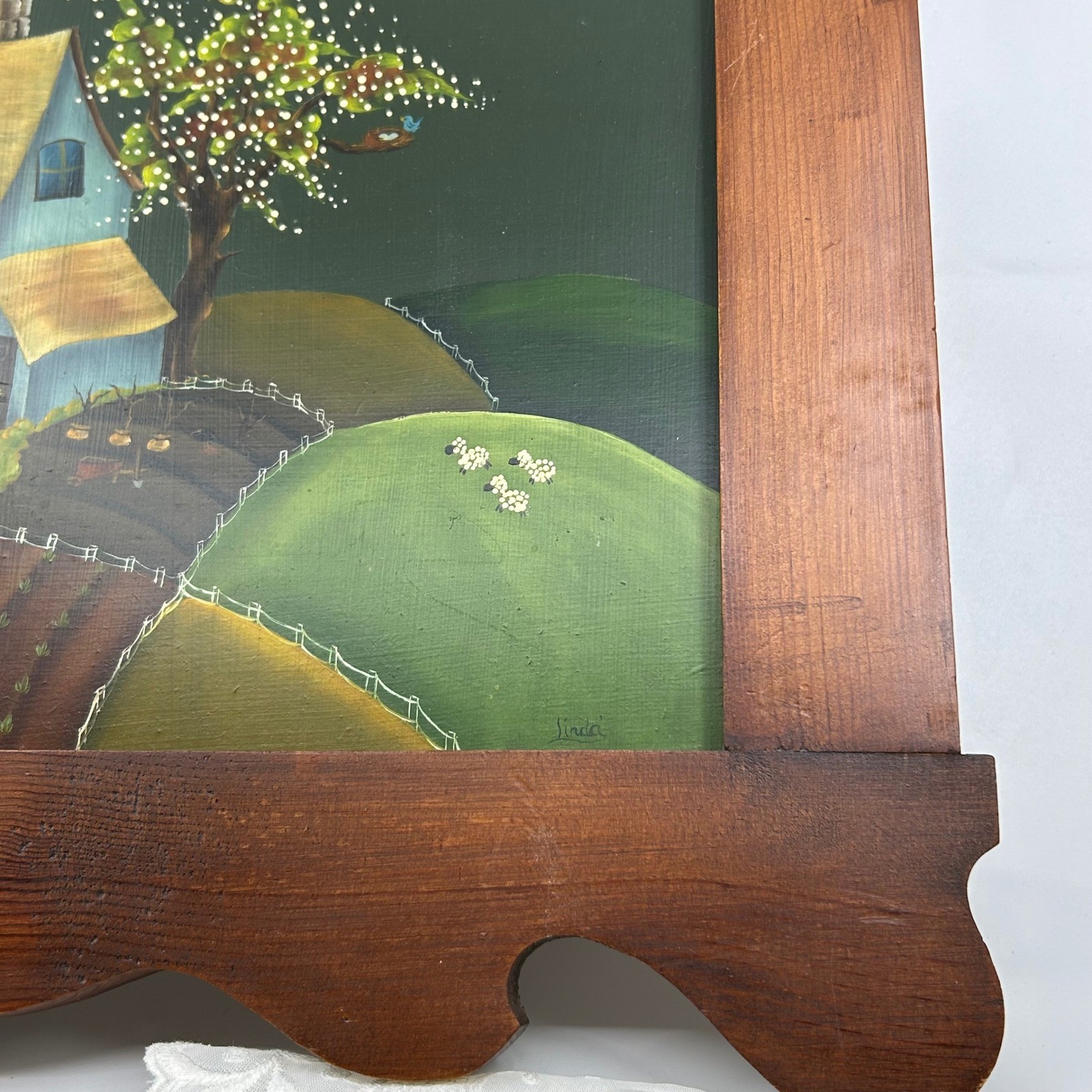 Vintage Hand-painted Farm House Landscape Cottagecore Ornate Wooden Wall Art