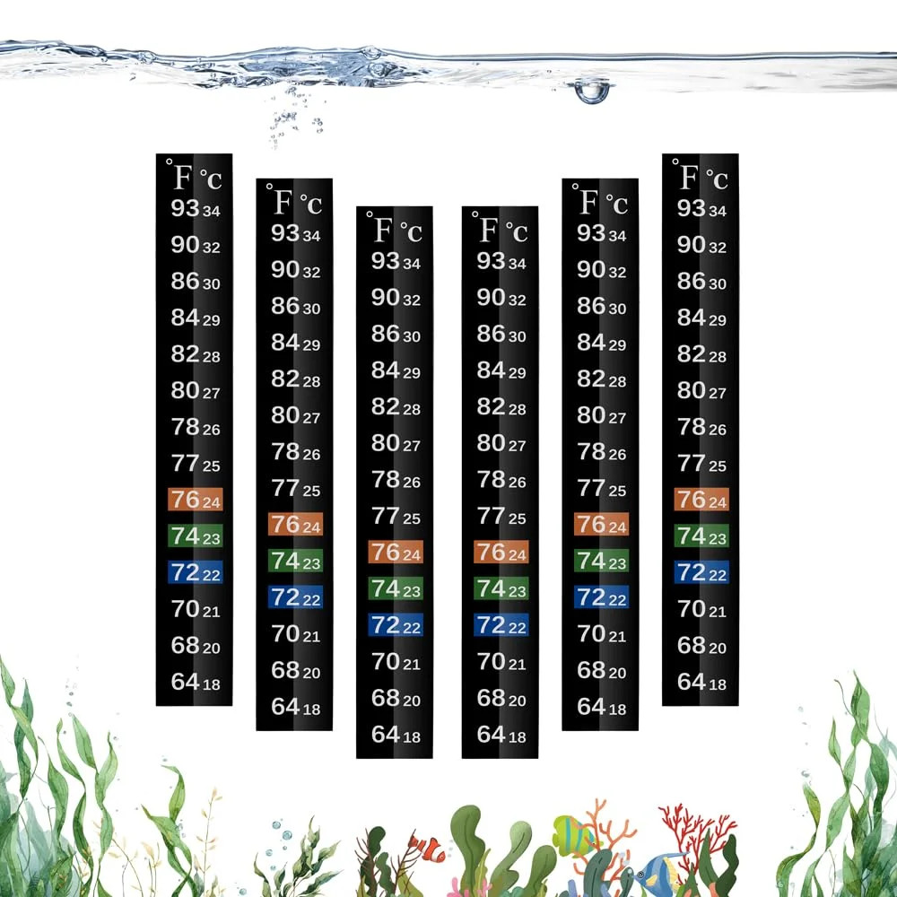 6 PCS, Adhesive Fish Tank Thermometer Strip, 64-93 ℉ (18-34 ℃)