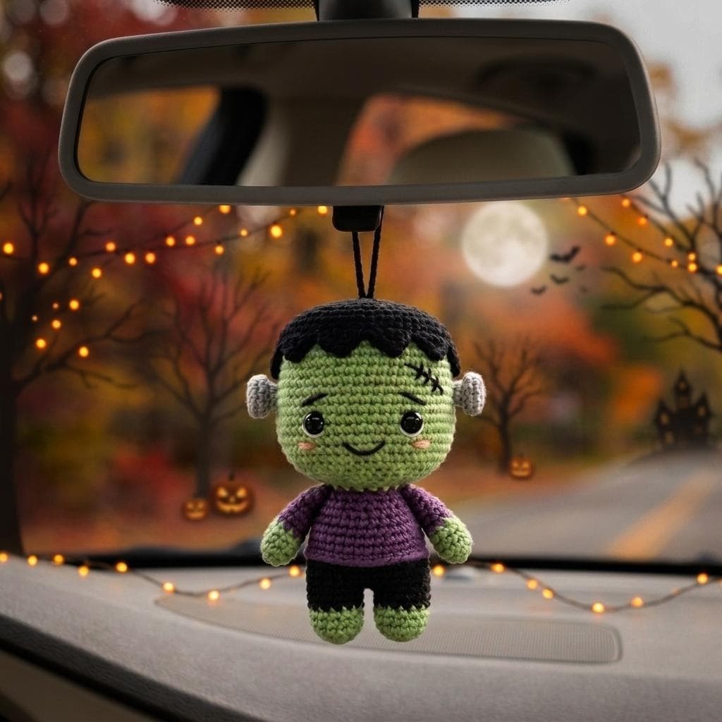 Handmade Frankenstein Crochet Car Charm, Green Monster Halloween Decor
