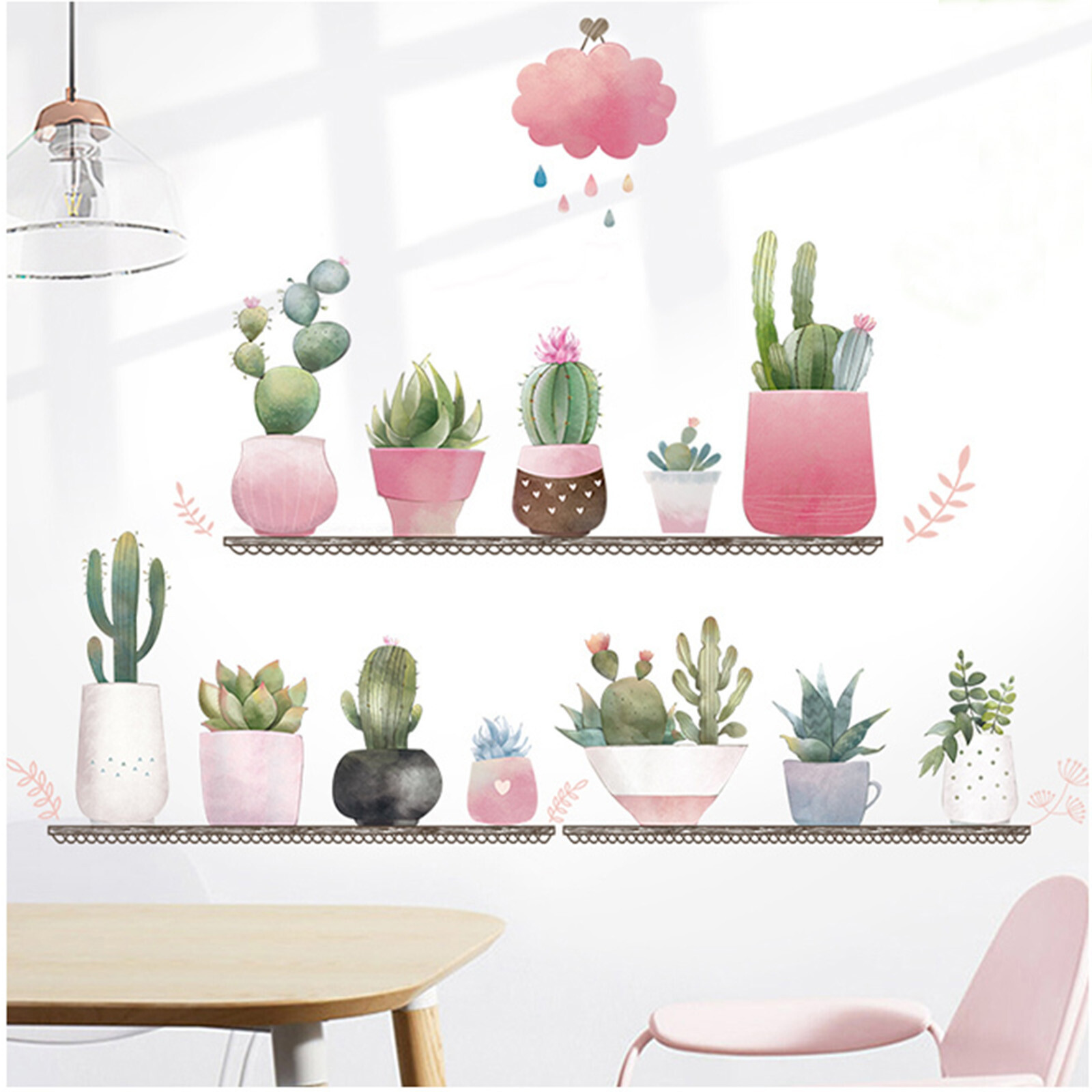Green Potted Succulent Plants on Shelves Removable PVC WALL STICKER Living Room