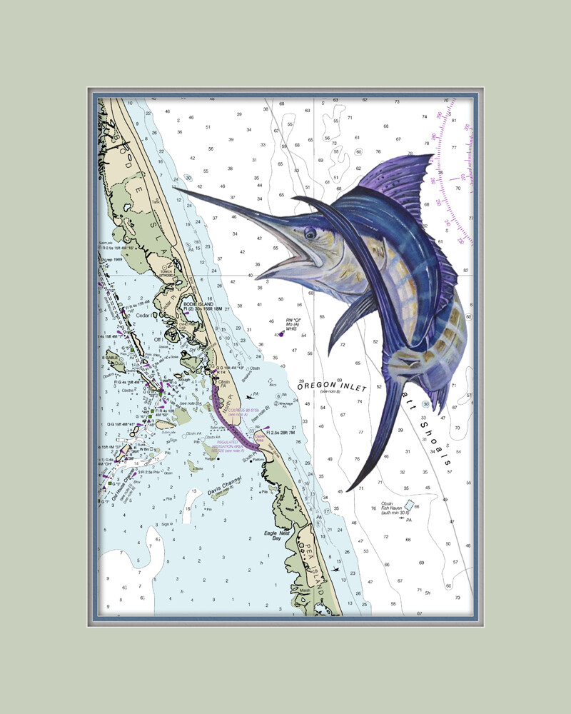Oregon Inlet, NC – Marlin Nautical Chart High Quality Canvas Print
