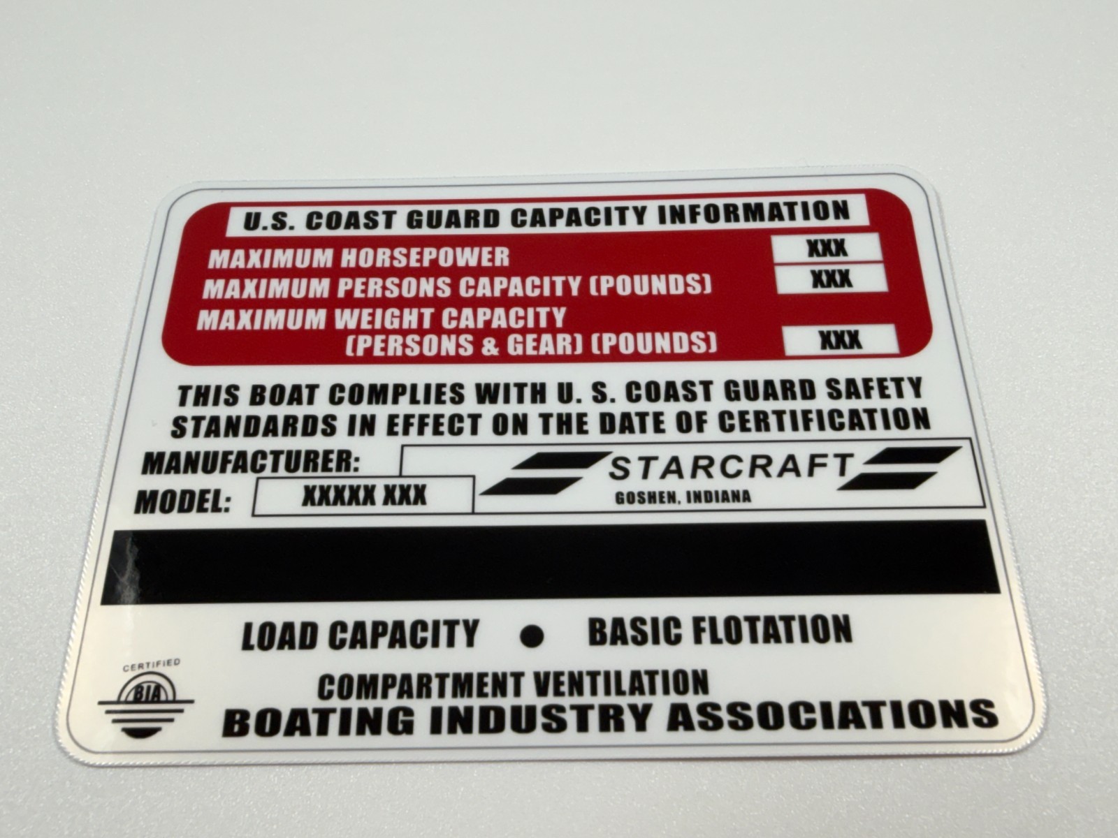 Custom Vintage Starcraft Boat Capacity Plate Sticker Replacement Decal 4×3 White