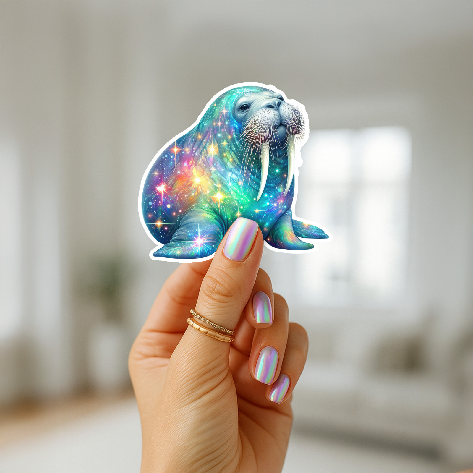 Galaxy Walrus Vinyl Sticker Cosmic Animal Waterproof Glossy Holographic Decal