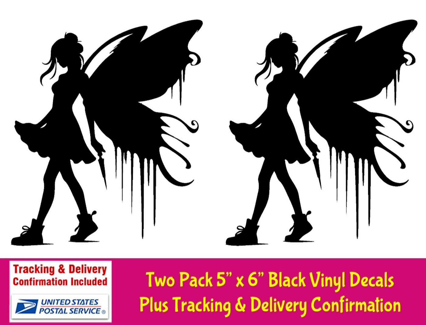 Fairy Butterfly Graffiti Art 2 PK Black Vinyl Decals Car Truck Window Tablet