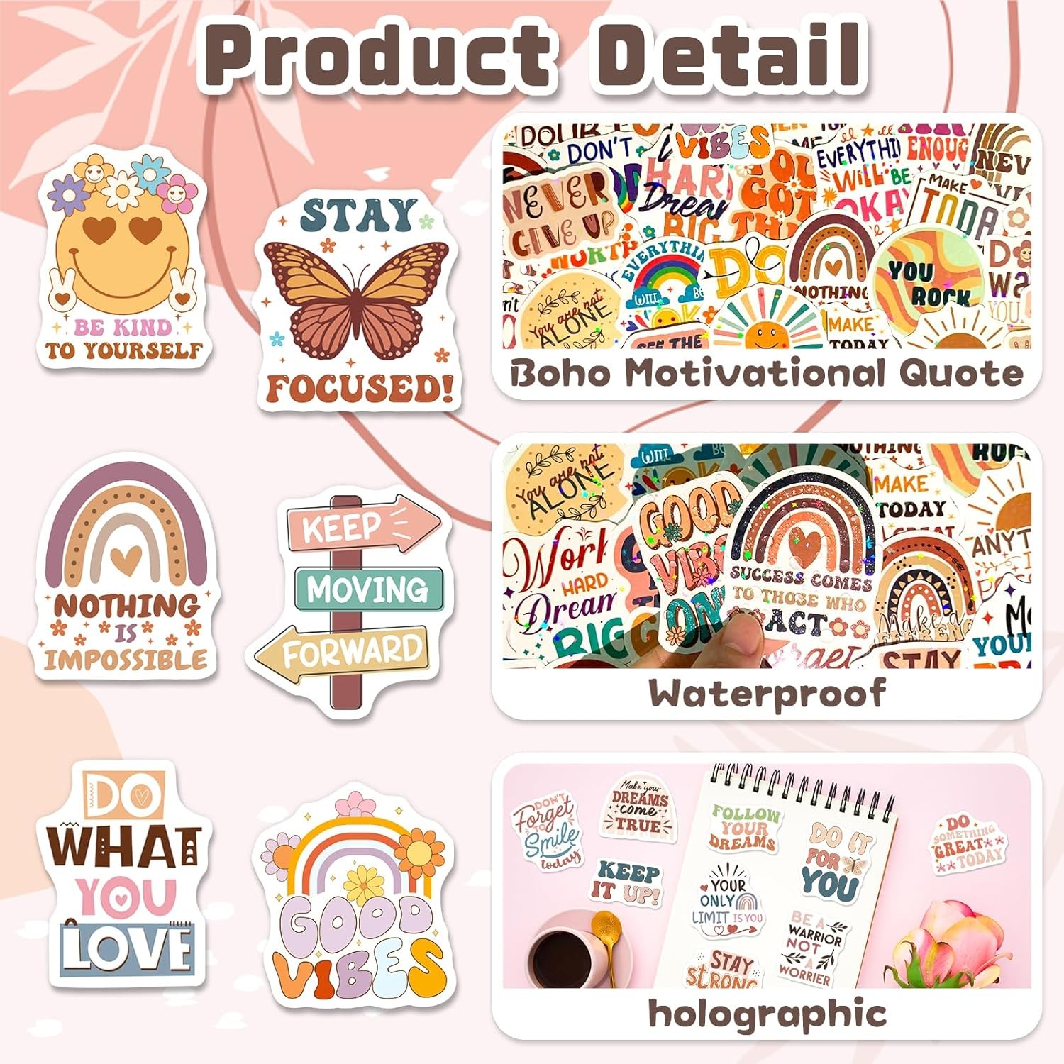 200Pcs Boho Motivational Stickers Waterproof Positive Vinyl for Laptop Bottle