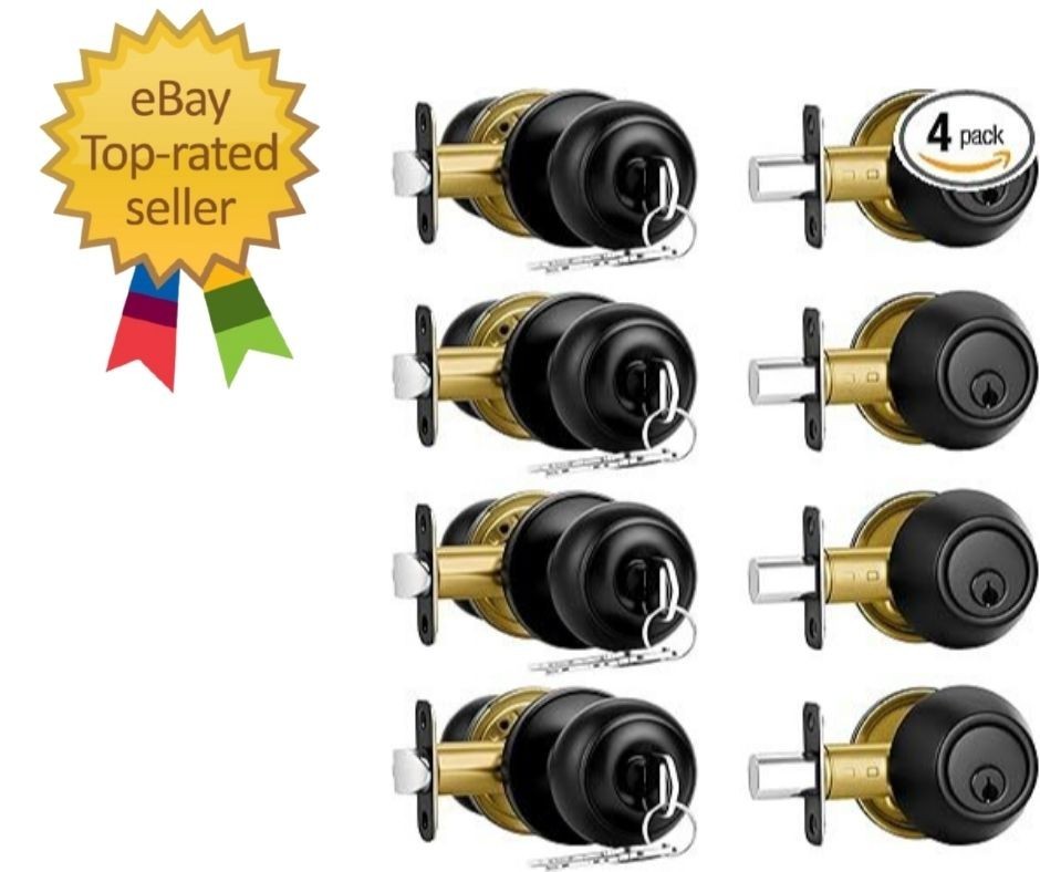 4 Pack Matte Black Door Lock Set Deadbolt And Knob Keyed Alike With Keys