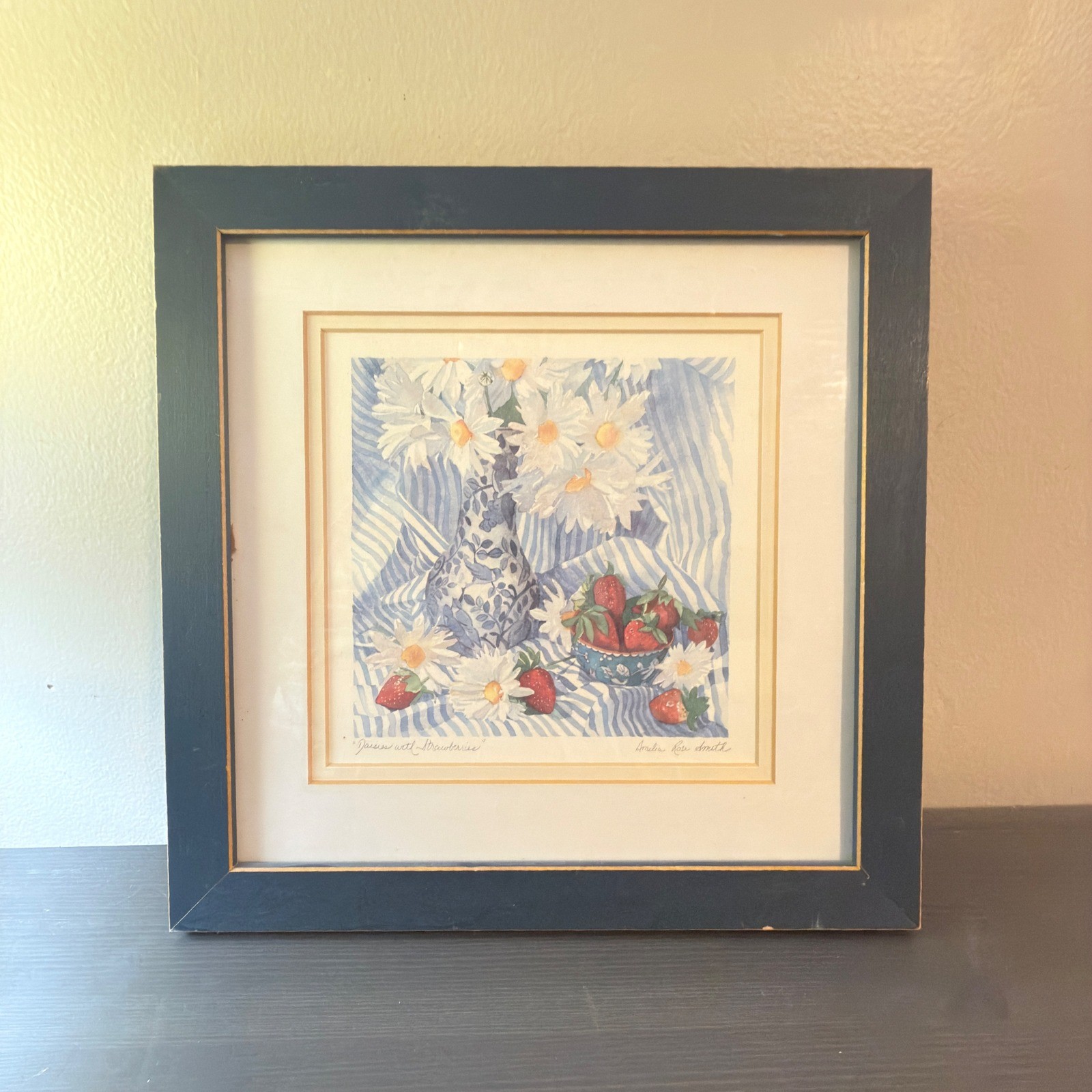 Amelia Rose Smith Daisies with Strawberries Framed Floral Print 14" Cottagecore