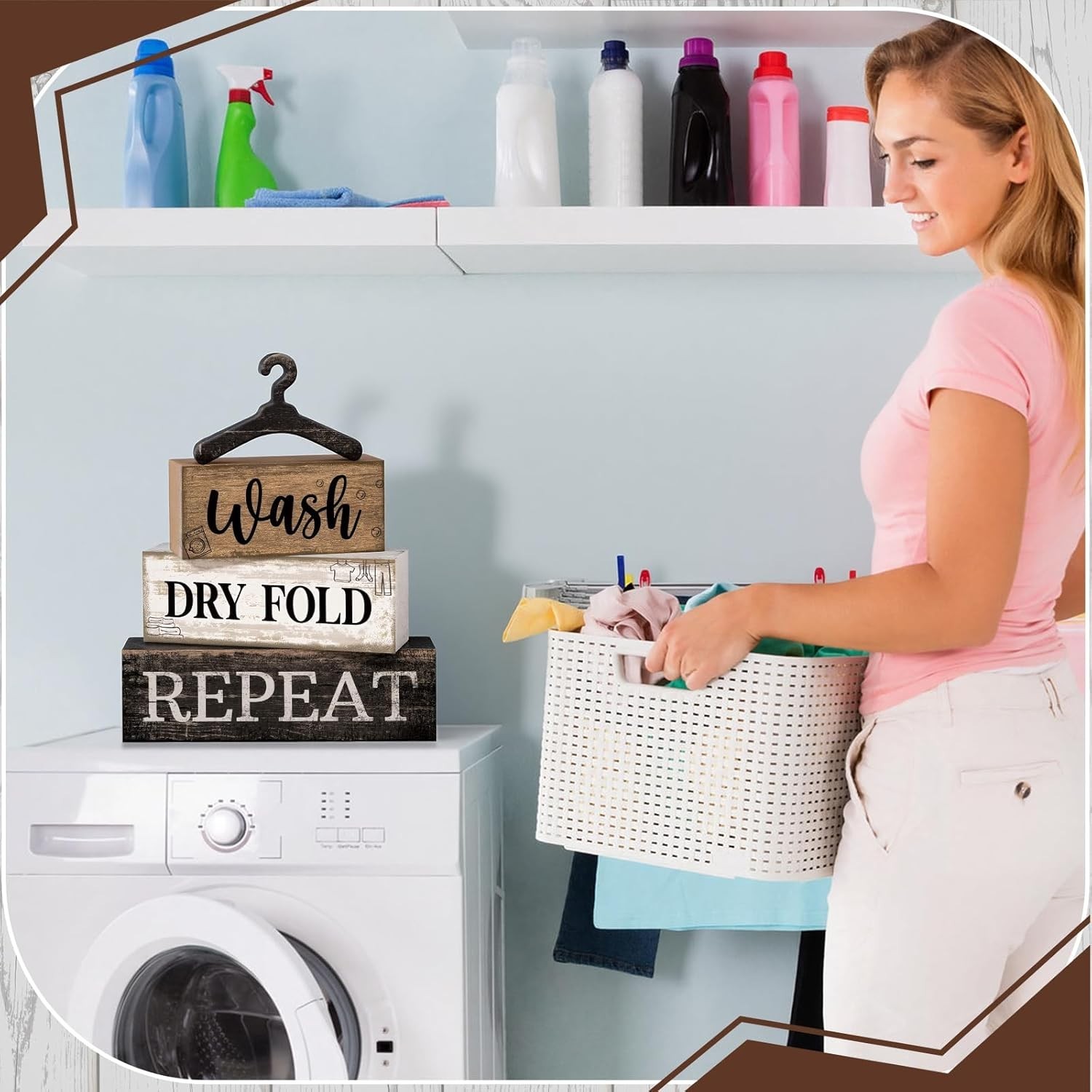 4 Pcs Farmhouse Laundry Room Decor Stacked Blocks, Wash Dry Fold Repeat Woode…