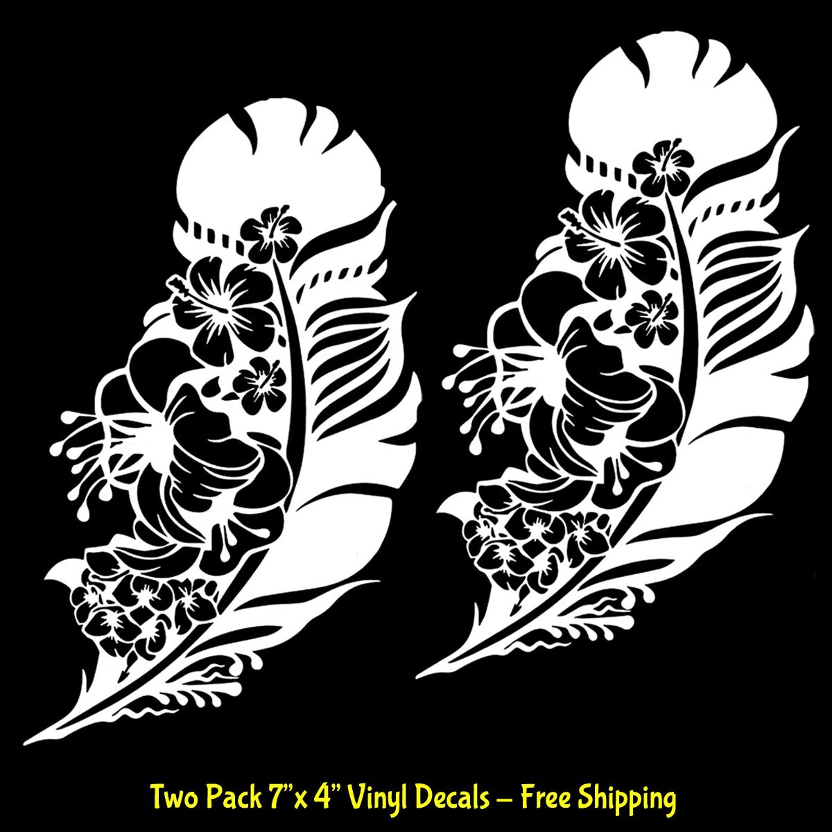 Hibiscus Hawaiian Flower Botanical Feather 2 Pk 7" White Vinyl Decals Car Window