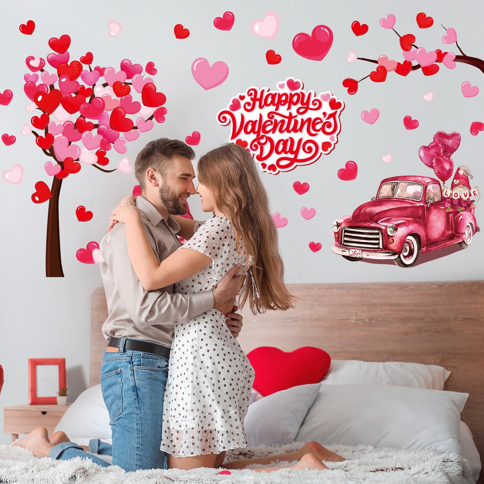 35.4 x 11.8 Inch Valentine's Day Heart Tree Wall Stickers Pink Red Gnome Truck L